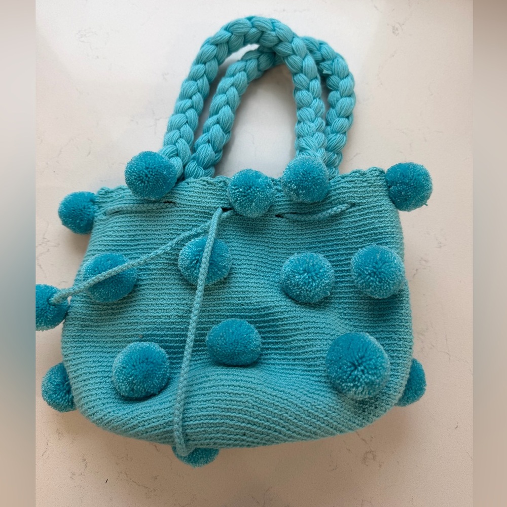 Casa Chiqui Handmade Blue Pom-Pom Knit Tote Bag